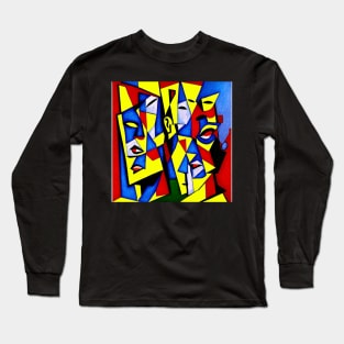 featured on deviantart, cubism, defined facial features, three heads, complementary colourhree colors, parallelism, close-up print of fractured, drawings Long Sleeve T-Shirt